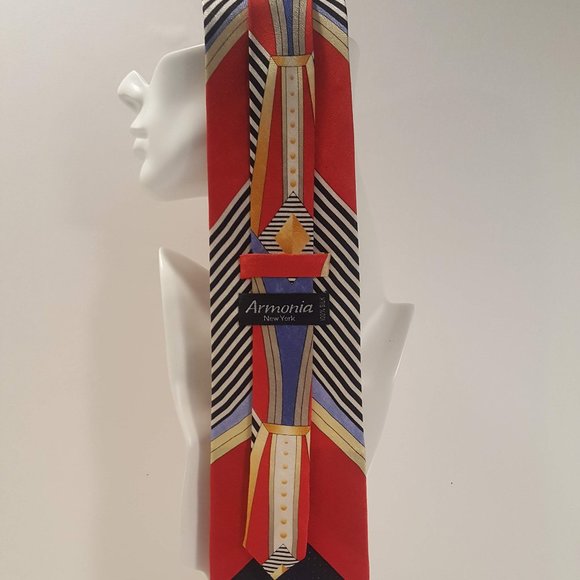 Silk Necktie w/European Art Deco Styling w/Red Blue Silver & White Colors NWOT - Picture 2 of 5